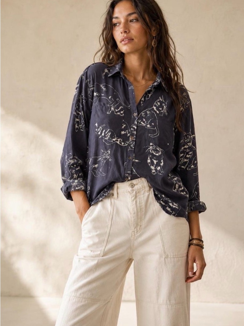 Pilcro (Anthropologie) Charcoal Button-Down Shirt with Cream Cat Print